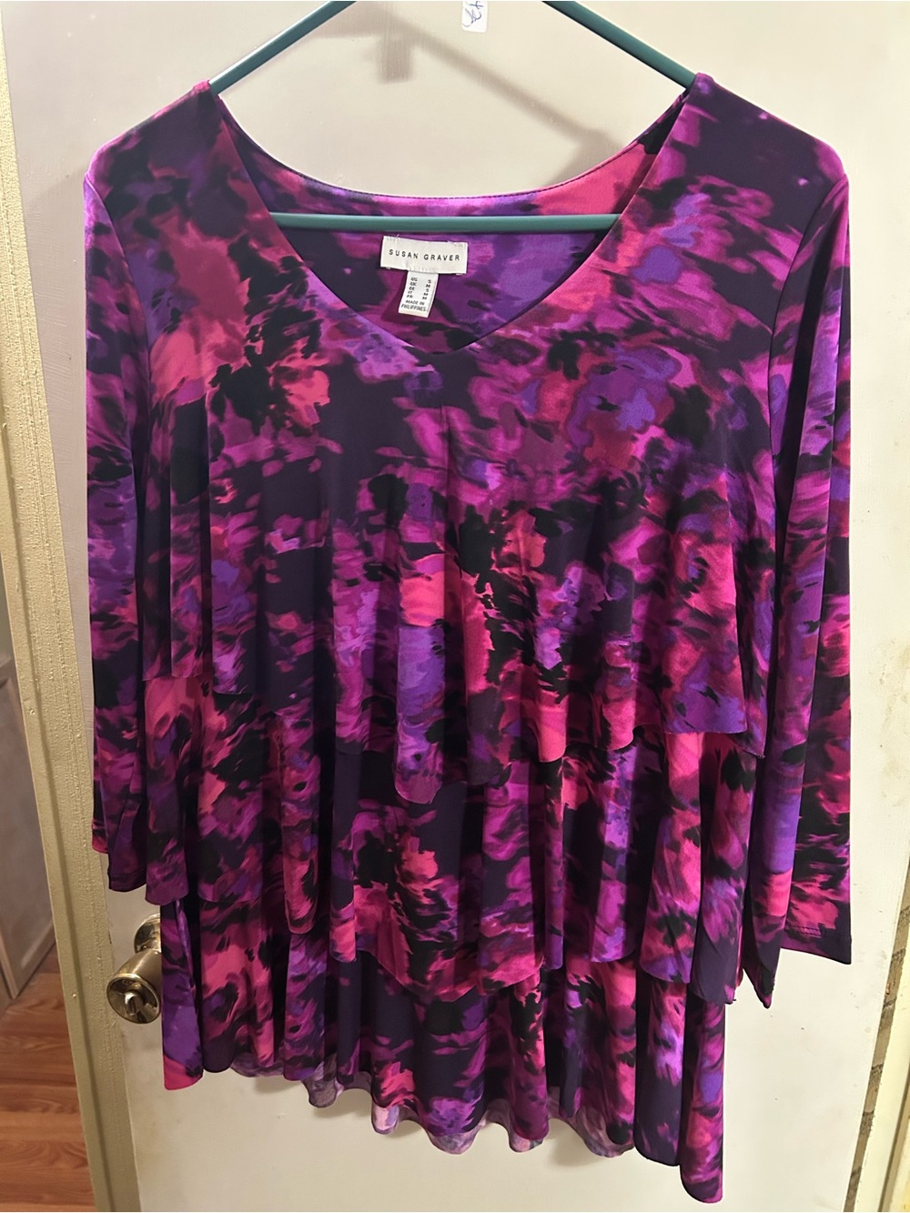 Susan Graver Purple & Pink Abstract Tiered V-Neck Tunic